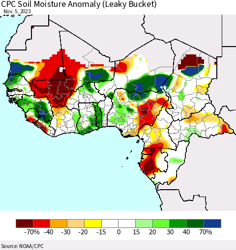 Western Africa CPC Soil Moisture Anomaly (Leaky Bucket) Thematic Map For 11/1/2023 - 11/5/2023