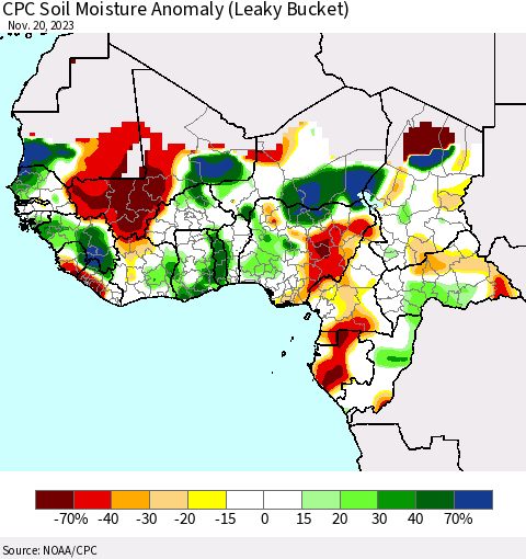 Western Africa CPC Soil Moisture Anomaly (Leaky Bucket) Thematic Map For 11/16/2023 - 11/20/2023