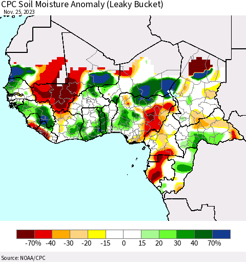 Western Africa CPC Soil Moisture Anomaly (Leaky Bucket) Thematic Map For 11/21/2023 - 11/25/2023