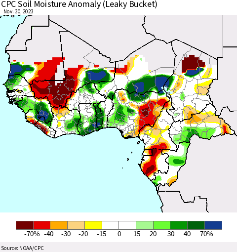 Western Africa CPC Soil Moisture Anomaly (Leaky Bucket) Thematic Map For 11/26/2023 - 11/30/2023