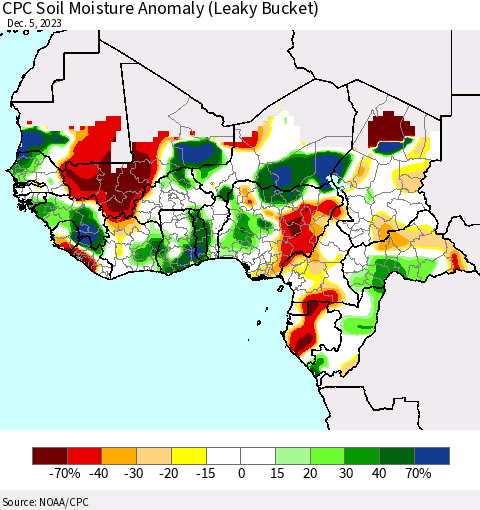 Western Africa CPC Soil Moisture Anomaly (Leaky Bucket) Thematic Map For 12/1/2023 - 12/5/2023