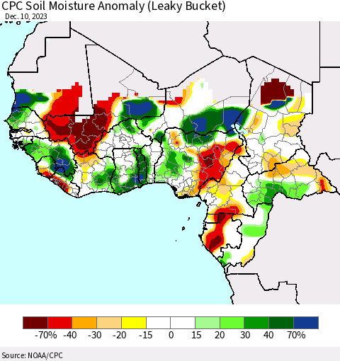 Western Africa CPC Soil Moisture Anomaly (Leaky Bucket) Thematic Map For 12/6/2023 - 12/10/2023