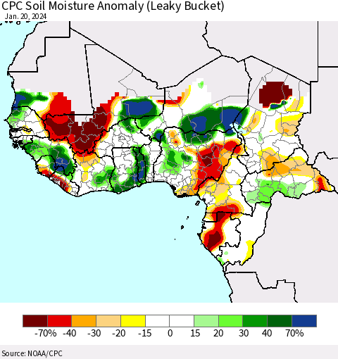 Western Africa CPC Soil Moisture Anomaly (Leaky Bucket) Thematic Map For 1/16/2024 - 1/20/2024