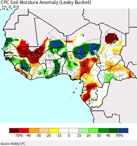 Western Africa CPC Soil Moisture Anomaly (Leaky Bucket) Thematic Map For 2/6/2024 - 2/10/2024