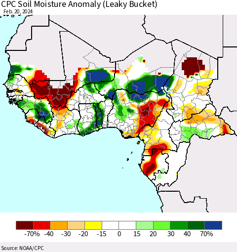 Western Africa CPC Soil Moisture Anomaly (Leaky Bucket) Thematic Map For 2/16/2024 - 2/20/2024