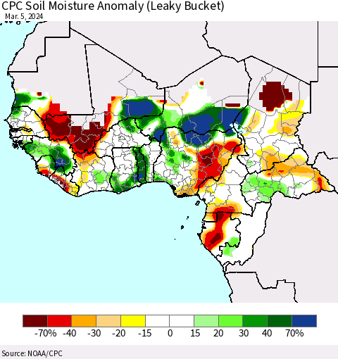 Western Africa CPC Soil Moisture Anomaly (Leaky Bucket) Thematic Map For 3/1/2024 - 3/5/2024