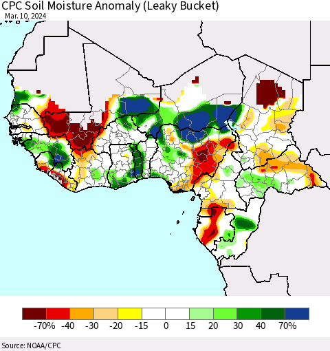 Western Africa CPC Soil Moisture Anomaly (Leaky Bucket) Thematic Map For 3/6/2024 - 3/10/2024