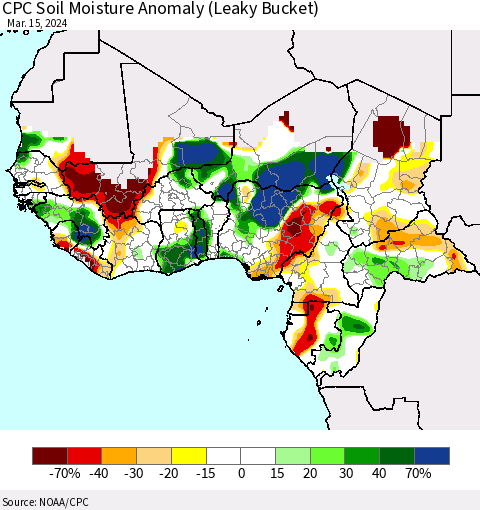 Western Africa CPC Soil Moisture Anomaly (Leaky Bucket) Thematic Map For 3/11/2024 - 3/15/2024