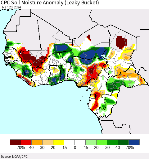 Western Africa CPC Soil Moisture Anomaly (Leaky Bucket) Thematic Map For 3/16/2024 - 3/20/2024