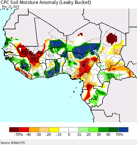 Western Africa CPC Soil Moisture Anomaly (Leaky Bucket) Thematic Map For 3/21/2024 - 3/25/2024