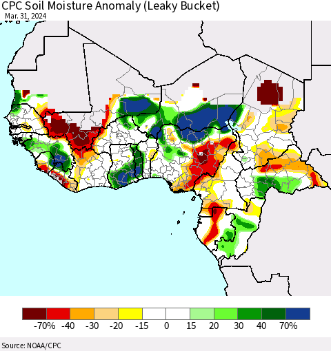 Western Africa CPC Soil Moisture Anomaly (Leaky Bucket) Thematic Map For 3/26/2024 - 3/31/2024
