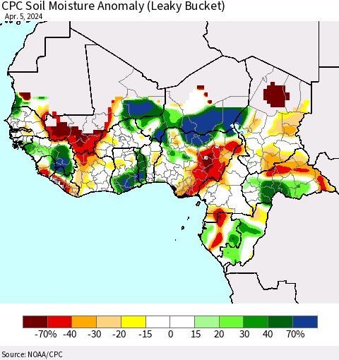 Western Africa CPC Soil Moisture Anomaly (Leaky Bucket) Thematic Map For 4/1/2024 - 4/5/2024