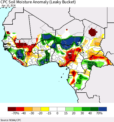 Western Africa CPC Soil Moisture Anomaly (Leaky Bucket) Thematic Map For 4/6/2024 - 4/10/2024