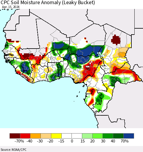 Western Africa CPC Soil Moisture Anomaly (Leaky Bucket) Thematic Map For 4/11/2024 - 4/15/2024