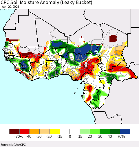 Western Africa CPC Soil Moisture Anomaly (Leaky Bucket) Thematic Map For 4/16/2024 - 4/20/2024