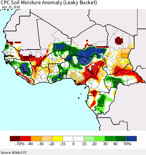 Western Africa CPC Soil Moisture Anomaly (Leaky Bucket) Thematic Map For 4/21/2024 - 4/25/2024