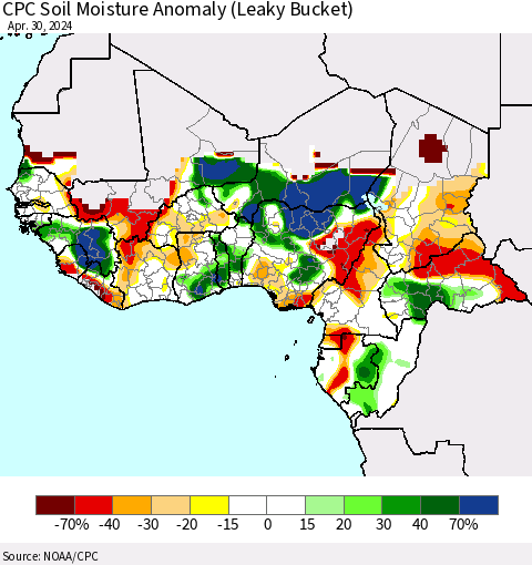 Western Africa CPC Soil Moisture Anomaly (Leaky Bucket) Thematic Map For 4/26/2024 - 4/30/2024