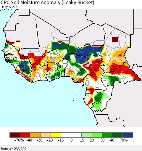 Western Africa CPC Soil Moisture Anomaly (Leaky Bucket) Thematic Map For 5/1/2024 - 5/5/2024