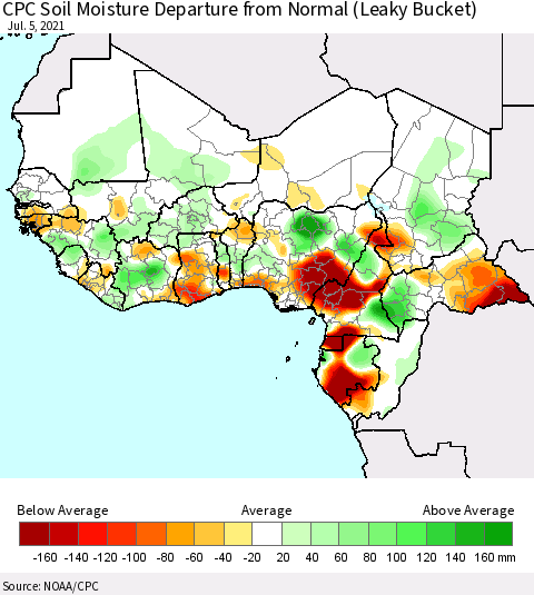 Western Africa CPC Soil Moisture Departure from Normal (Leaky Bucket) Thematic Map For 7/1/2021 - 7/5/2021