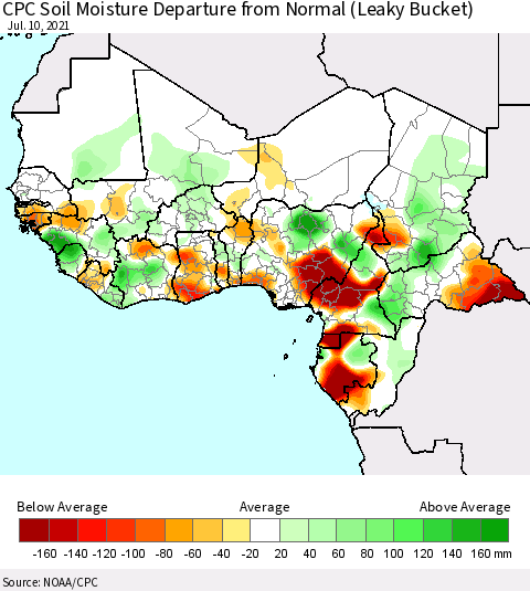 Western Africa CPC Soil Moisture Departure from Normal (Leaky Bucket) Thematic Map For 7/6/2021 - 7/10/2021