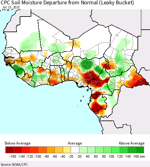 Western Africa CPC Soil Moisture Departure from Normal (Leaky Bucket) Thematic Map For 7/11/2021 - 7/15/2021