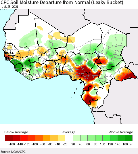 Western Africa CPC Soil Moisture Departure from Normal (Leaky Bucket) Thematic Map For 7/21/2021 - 7/25/2021