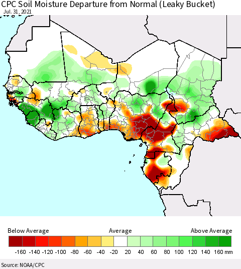 Western Africa CPC Soil Moisture Departure from Normal (Leaky Bucket) Thematic Map For 7/26/2021 - 7/31/2021