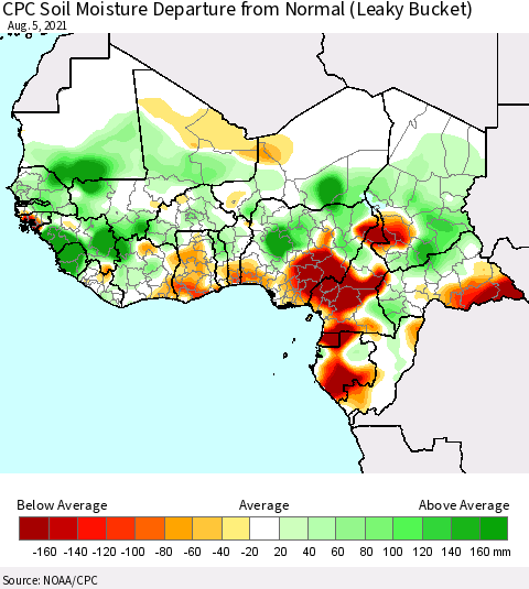 Western Africa CPC Soil Moisture Departure from Normal (Leaky Bucket) Thematic Map For 8/1/2021 - 8/5/2021