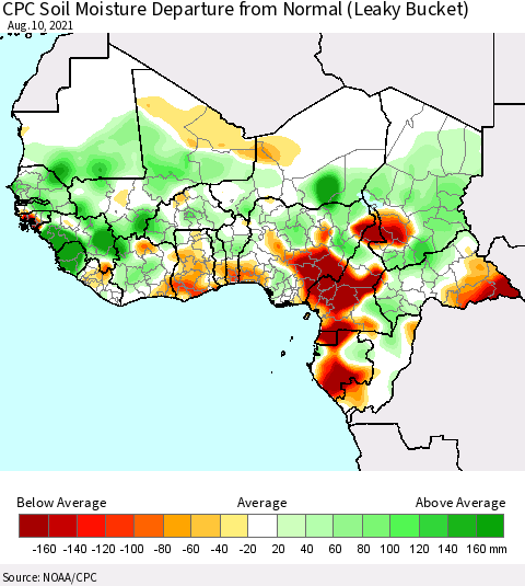 Western Africa CPC Soil Moisture Departure from Normal (Leaky Bucket) Thematic Map For 8/6/2021 - 8/10/2021
