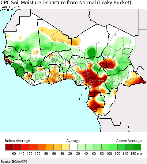 Western Africa CPC Soil Moisture Departure from Normal (Leaky Bucket) Thematic Map For 8/11/2021 - 8/15/2021