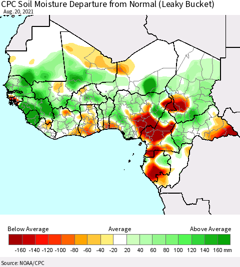 Western Africa CPC Soil Moisture Departure from Normal (Leaky Bucket) Thematic Map For 8/16/2021 - 8/20/2021