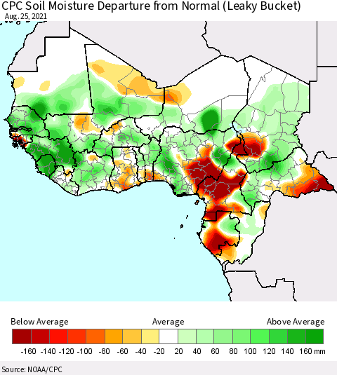 Western Africa CPC Soil Moisture Departure from Normal (Leaky Bucket) Thematic Map For 8/21/2021 - 8/25/2021