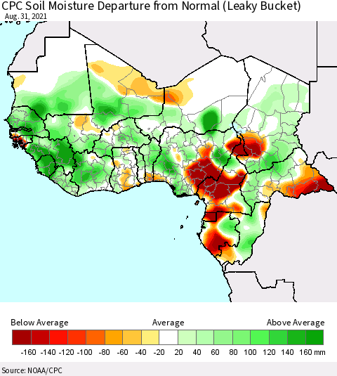 Western Africa CPC Soil Moisture Departure from Normal (Leaky Bucket) Thematic Map For 8/26/2021 - 8/31/2021