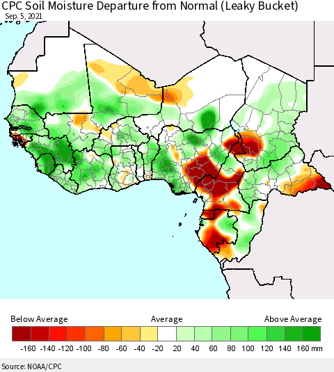 Western Africa CPC Soil Moisture Departure from Normal (Leaky Bucket) Thematic Map For 9/1/2021 - 9/5/2021