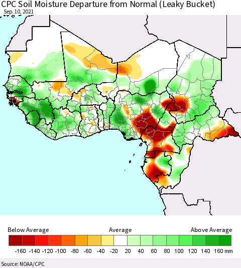 Western Africa CPC Soil Moisture Departure from Normal (Leaky Bucket) Thematic Map For 9/6/2021 - 9/10/2021