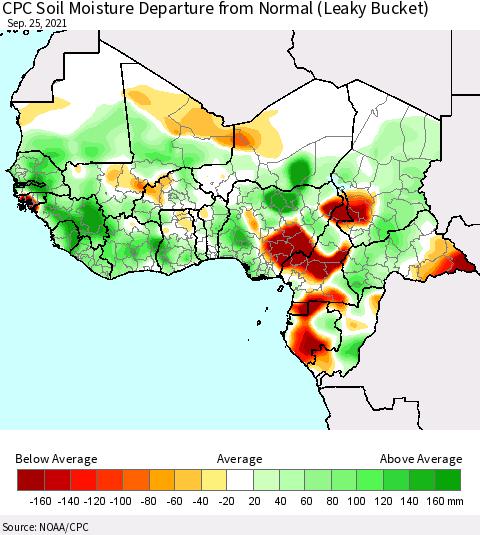 Western Africa CPC Soil Moisture Departure from Normal (Leaky Bucket) Thematic Map For 9/21/2021 - 9/25/2021