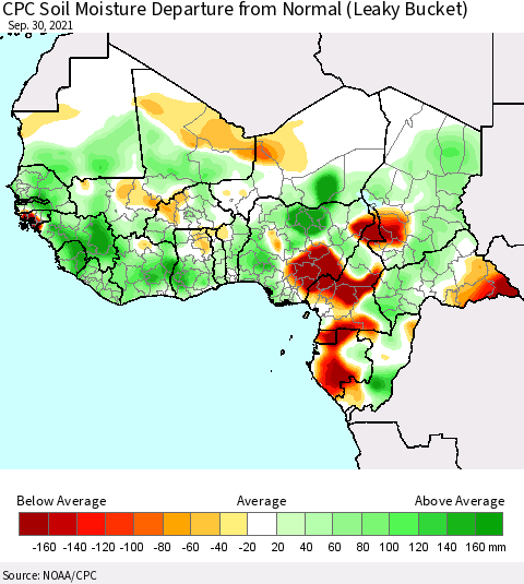 Western Africa CPC Soil Moisture Departure from Normal (Leaky Bucket) Thematic Map For 9/26/2021 - 9/30/2021