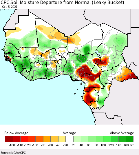 Western Africa CPC Soil Moisture Departure from Normal (Leaky Bucket) Thematic Map For 10/1/2021 - 10/5/2021