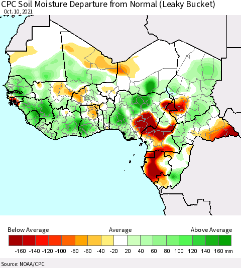 Western Africa CPC Soil Moisture Departure from Normal (Leaky Bucket) Thematic Map For 10/6/2021 - 10/10/2021
