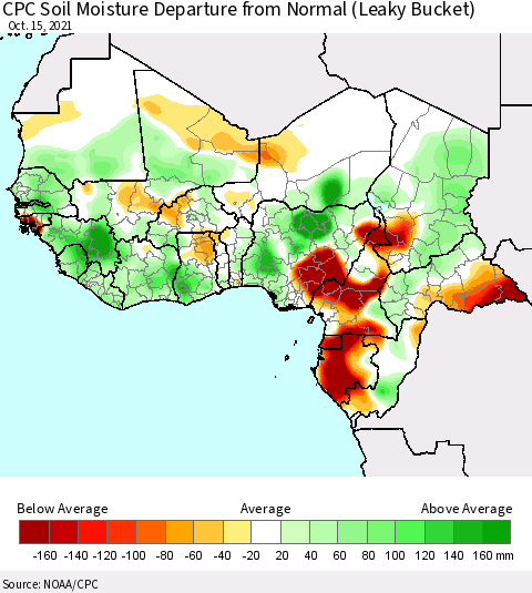 Western Africa CPC Soil Moisture Departure from Normal (Leaky Bucket) Thematic Map For 10/11/2021 - 10/15/2021