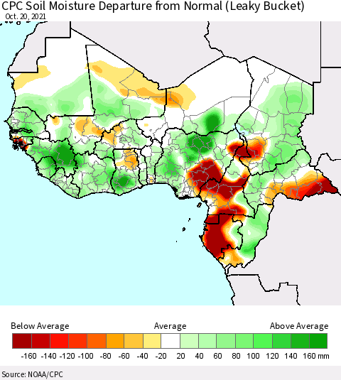 Western Africa CPC Soil Moisture Departure from Normal (Leaky Bucket) Thematic Map For 10/16/2021 - 10/20/2021
