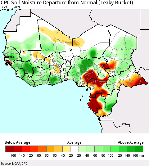 Western Africa CPC Soil Moisture Departure from Normal (Leaky Bucket) Thematic Map For 10/26/2021 - 10/31/2021