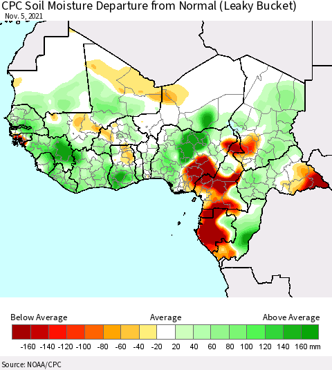 Western Africa CPC Soil Moisture Departure from Normal (Leaky Bucket) Thematic Map For 11/1/2021 - 11/5/2021