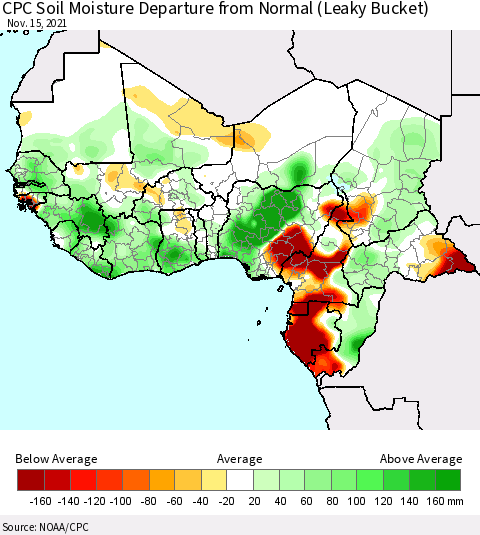 Western Africa CPC Soil Moisture Departure from Normal (Leaky Bucket) Thematic Map For 11/11/2021 - 11/15/2021