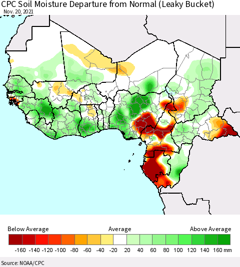 Western Africa CPC Soil Moisture Departure from Normal (Leaky Bucket) Thematic Map For 11/16/2021 - 11/20/2021