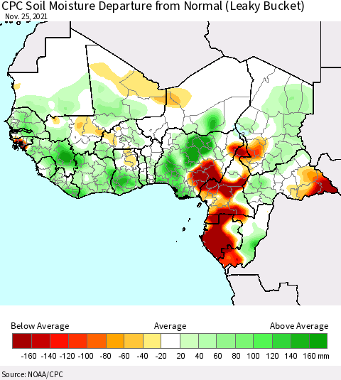 Western Africa CPC Soil Moisture Departure from Normal (Leaky Bucket) Thematic Map For 11/21/2021 - 11/25/2021