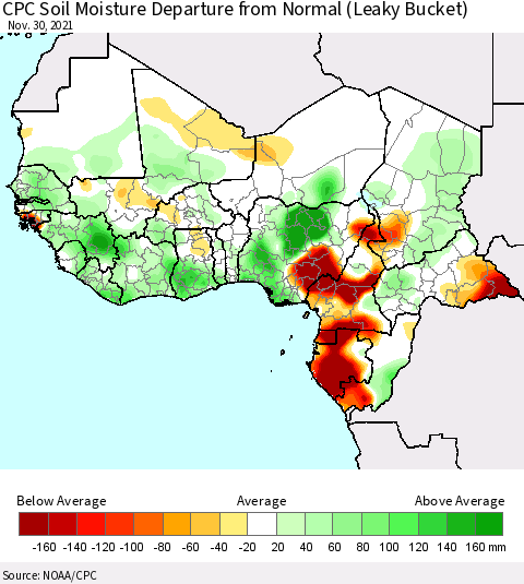 Western Africa CPC Soil Moisture Departure from Normal (Leaky Bucket) Thematic Map For 11/26/2021 - 11/30/2021