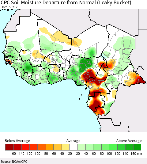 Western Africa CPC Soil Moisture Departure from Normal (Leaky Bucket) Thematic Map For 12/1/2021 - 12/5/2021