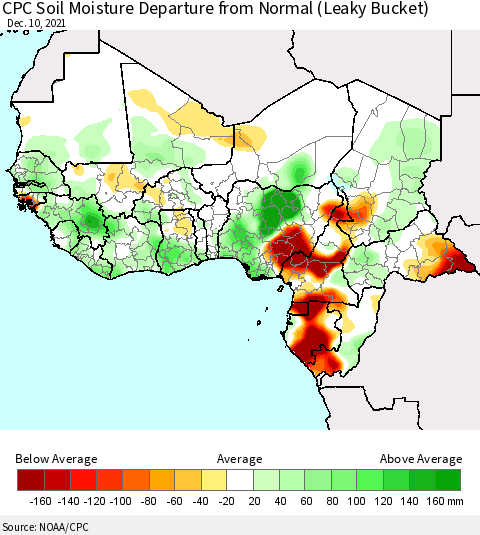 Western Africa CPC Soil Moisture Departure from Normal (Leaky Bucket) Thematic Map For 12/6/2021 - 12/10/2021