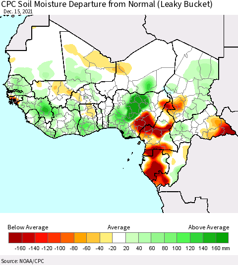 Western Africa CPC Soil Moisture Departure from Normal (Leaky Bucket) Thematic Map For 12/11/2021 - 12/15/2021